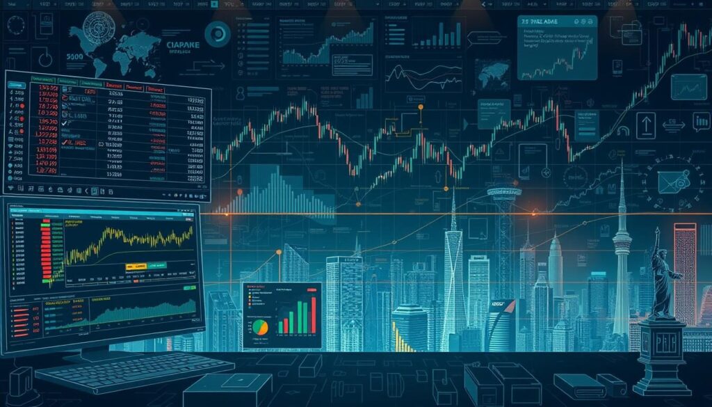 a detailed, technical illustration of the mechanics of the forex trading process, with a focus on the various elements and stages involved. the scene shows a trading platform interface against a backdrop of financial charts, graphs, and data visualizations. the foreground features various interactive elements such as order books, currency pair quotes, and trading tools. the middle ground depicts the flow of currency exchange transactions, with arrows and data streams connecting the different components. the background showcases the global financial markets, with skylines of major cities and stock exchange indicators. the overall atmosphere is one of precision, complexity, and dynamism, conveying the intricate nature of the forex trading system.