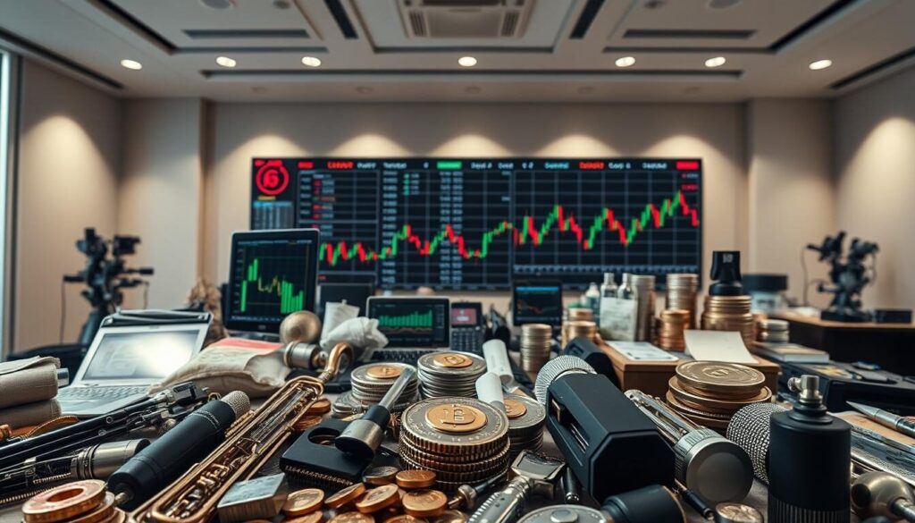 a detailed, wide-angle view of a diverse range of trading instruments, including stocks, bonds, commodities, currencies, and derivatives, arranged in a well-lit, professional setting with a clean, minimalist background. the instruments are positioned in the foreground, showcasing their intricate details and highlighting their variety. the middle ground features a sense of depth, with additional instruments and trading charts visible. the background has a neutral, elegant tone that complements the overall composition. the lighting is soft and diffused, creating a sense of sophistication and expertise. the camera angle is slightly elevated, providing an overview of the trading landscape.