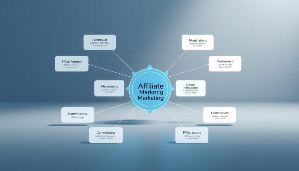 a digital business model diagram depicting the core elements of affiliate marketing, with a clean, minimalist aesthetic. The foreground features a central hub representing the affiliate marketing platform, surrounded by various affiliate partners and merchants. The middle ground showcases the flow of commissions and revenue sharing between the different entities. The background has a subtle grid pattern or geometric shapes to convey a sense of structure and organization. The lighting is soft and diffused, creating a professional, informative, and visually appealing illustration suitable for the "Getting Started with Affiliate Marketing" section of the article.