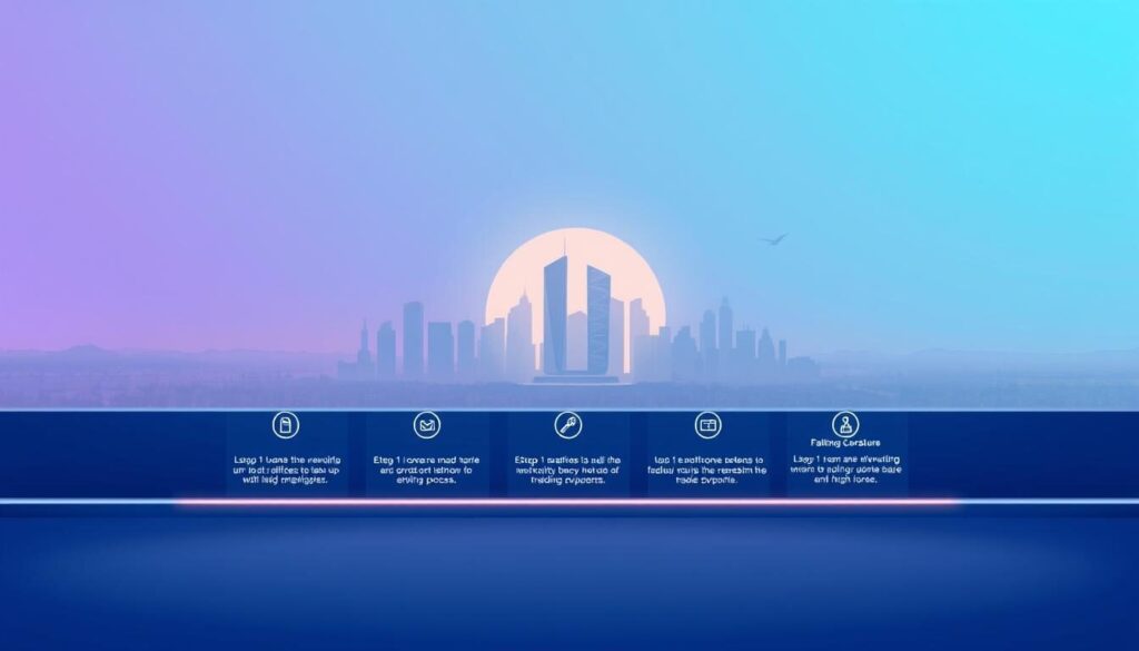 a digital illustration of a forex trading process with a clear step-by-step workflow, featuring a minimalist and clean design aesthetic. In the foreground, five distinct steps are presented in a linear arrangement, each represented by simple icons and brief captions. The middle ground showcases a serene, futuristic cityscape with skyscrapers and a glowing horizon, conveying a sense of progress and opportunity. The background features a soft, gradient-based color scheme in shades of blue and purple, creating a calming and professional atmosphere. The overall composition should be well-balanced, with a focus on clarity and ease of understanding the forex trading process for beginners in Uganda.