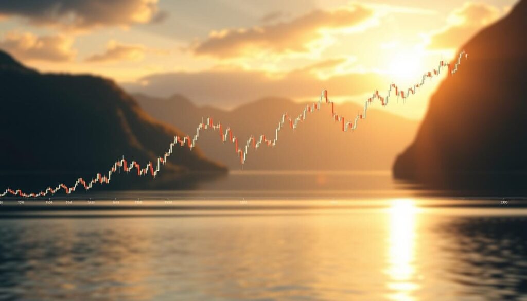 a dynamic forex trading chart depicting the norwegian krone's performance over time, set against the backdrop of a stylized norwegian fjord landscape. the chart should feature clearly marked trend lines, candlestick patterns, and other technical indicators, conveying the ebb and flow of the forex market in norway. the scene should be bathed in a warm, golden light, reflecting the prosperity and stability of the norwegian economy. the overall composition should strike a balance between the analytical data visualization and the serene, natural environment, creating a sense of balance and equilibrium.