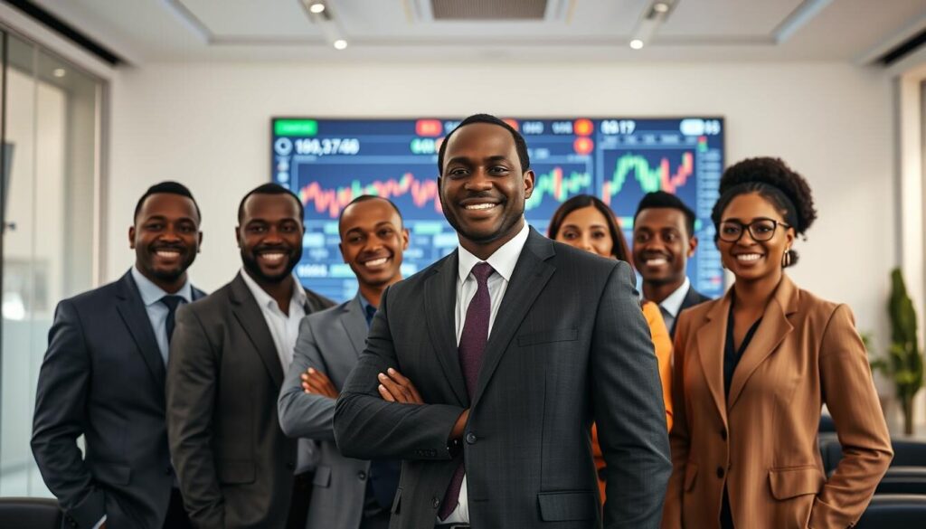 a group of smiling Tanzanian forex brokers standing in a modern office setting, with a large display screen showcasing financial data and charts in the background. The brokers are dressed in professional attire, and the lighting is bright and natural, creating a sense of professionalism and efficiency. The office has a clean, minimalist design with sleek furniture and a neutral color palette. The overall atmosphere conveys a feeling of expertise, reliability, and a commitment to providing high-quality forex trading services to the Tanzanian market.