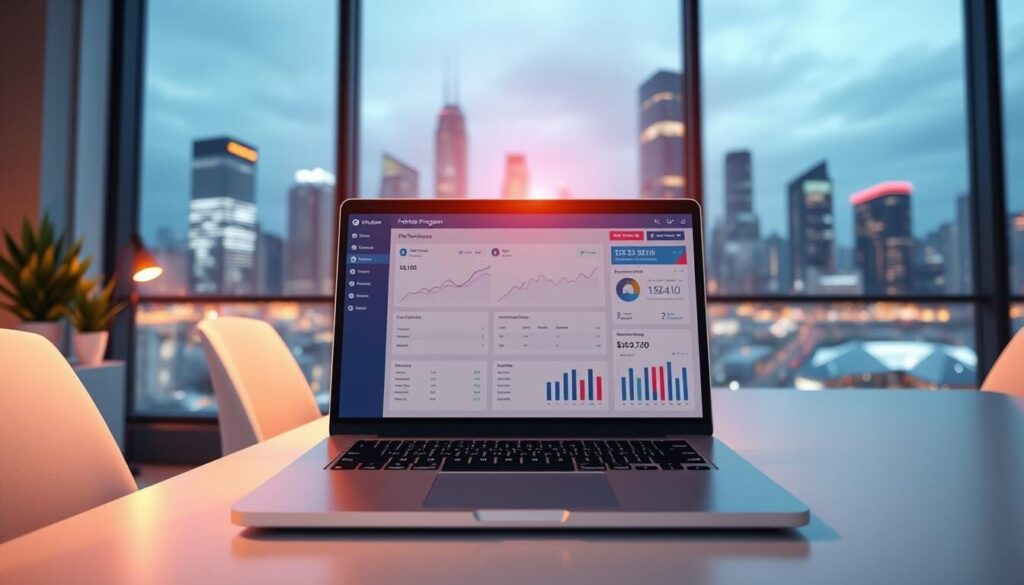 a high-quality 3D render of a forex affiliate program dashboard displayed on a laptop screen, set against a clean and minimalist office environment with a large window overlooking a vibrant city skyline. The dashboard features a sleek and intuitive interface with graphs, charts, and performance metrics, all bathed in a warm, natural lighting. The overall atmosphere conveys a sense of professionalism, productivity, and financial success associated with effective forex affiliate marketing.