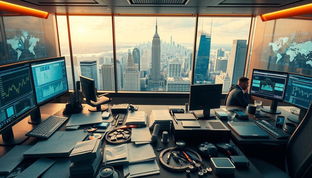 a highly detailed, photorealistic digital illustration of a futures and options trading desk, with a focus on the various trading instruments and tools used in the financial markets. The scene depicts a sleek, modern office space with multiple computer screens displaying real-time financial data, charts, and trading platforms. In the foreground, there are various financial instruments such as stock options, futures contracts, and derivatives, artfully arranged on the desk. The middle ground features a team of traders intently monitoring the markets and executing trades, while the background showcases a panoramic view of a bustling financial district, complete with towering skyscrapers and a vibrant cityscape. The lighting is warm and inviting, creating a sense of professionalism and expertise. The overall composition conveys the complexity and dynamism of the alternative trading instruments available in the US financial markets.