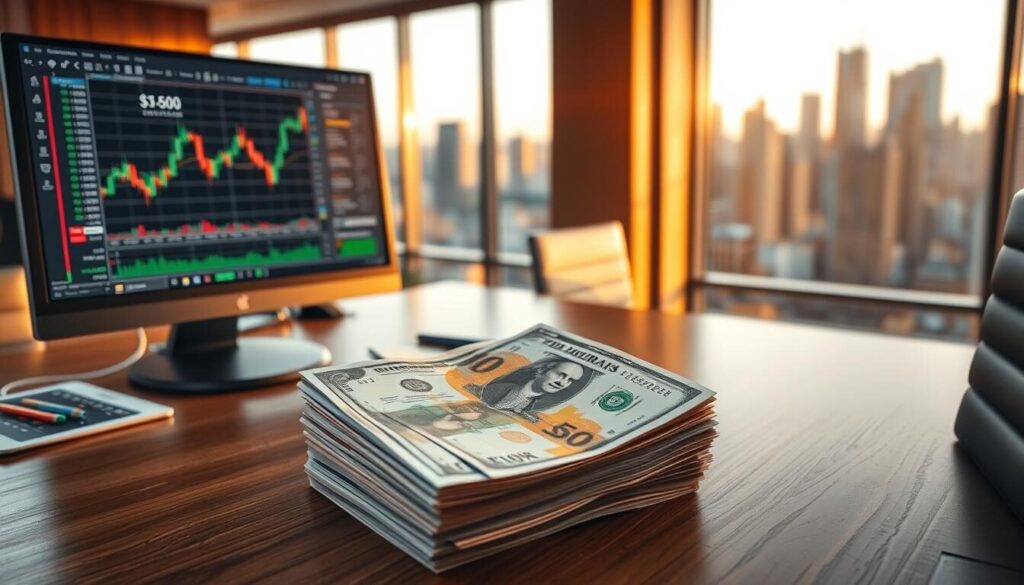 a highly detailed, photorealistic image of currency trading fundamentals. in the foreground, a stack of paper money bills in various currencies, including US dollars, Euros, and Japanese yen, arranged neatly on a polished wooden desk. in the middle ground, a computer monitor displays a stock market trading platform with real-time charts and financial data. the background features a modern office setting with large windows overlooking a bustling city skyline, bathed in warm, golden afternoon light. the overall scene conveys a sense of professionalism, expertise, and the importance of understanding the core principles of currency trading.
