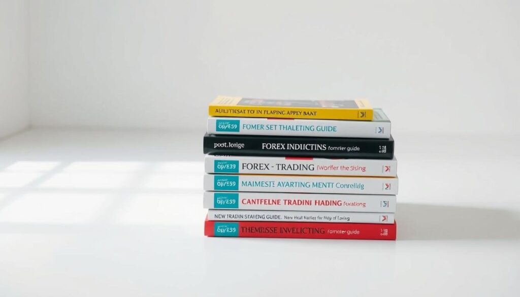 a stack of several forex trading guide books in a well-lit, minimalist studio setting, shot from a high angle with a shallow depth of field, creating a clean, professional and educational atmosphere, the books arranged neatly on a simple white surface, with a soft, natural lighting that highlights the textures and details of the book covers, conveying a sense of informative and authoritative subject matter