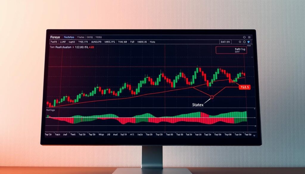 high-quality, detailed, photorealistic digital illustration of a forex trading chart, showing various technical analysis indicators and strategies such as trend lines, support and resistance levels, moving averages, and candlestick patterns, displayed on a computer monitor or trading platform interface, set against a clean, minimalist background with a subtle gradient, soft lighting from the left creating a sense of depth and direction, all elements meticulously crafted to convey the theme of "forex marketing strategies" in a visually compelling and informative manner
