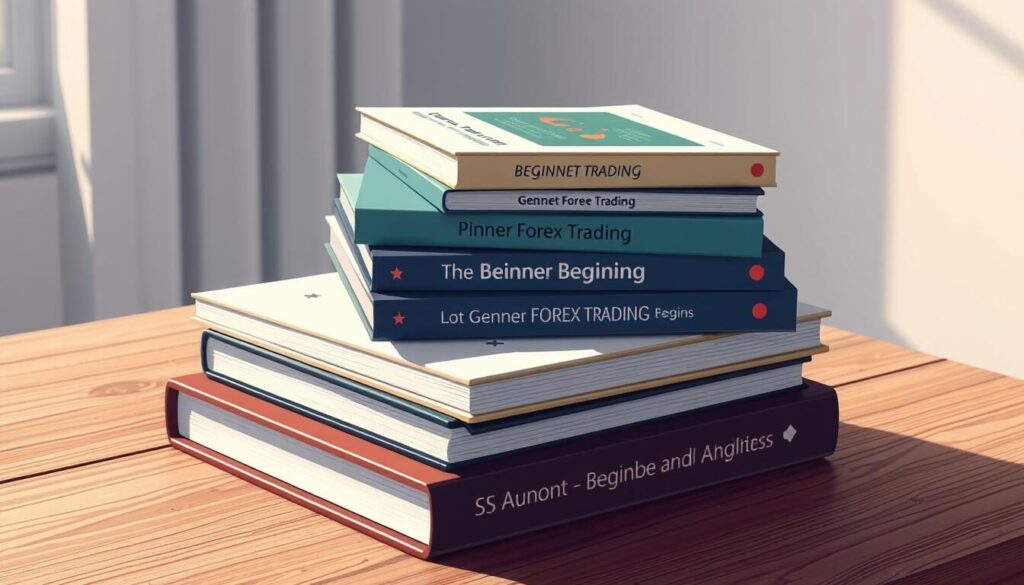 high-quality, highly detailed, realistic illustration of a stack of beginner forex trading books and guides on a wooden desk, with a neutral lighting setup that casts natural shadows, showing the texture and materiality of the books and the desk, in a minimalist, clean, and elegant style, suitable for use in an educational article