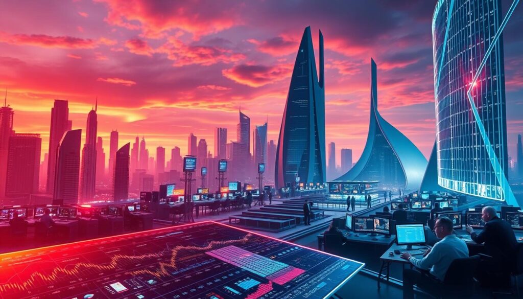 trading roadmap 2025 - a futuristic landscape with towering skyscrapers, holographic displays, and sleek financial towers set against a vibrant, neon-lit skyline. The foreground features a shimmering data visualization dashboard with interactive charts and graphs, reflecting the dynamic financial markets. The middle ground showcases a bustling trading floor with traders and analysts engaged in intense discussions, surrounded by cutting-edge technology. In the background, a striking, minimalist architectural design evokes a sense of innovation and progress. The lighting is a harmonious blend of warm and cool tones, creating a sense of energy and balance. The overall composition conveys a vision of the future of global financial trading.